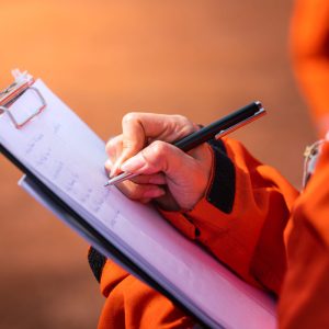 Safety officer/Supervisor is writing note on the checklist paper during perform audit and inspection in oil field operation.