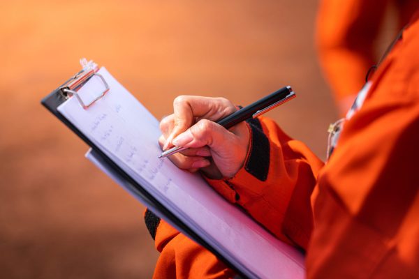 Safety officer/Supervisor is writing note on the checklist paper during perform audit and inspection in oil field operation.