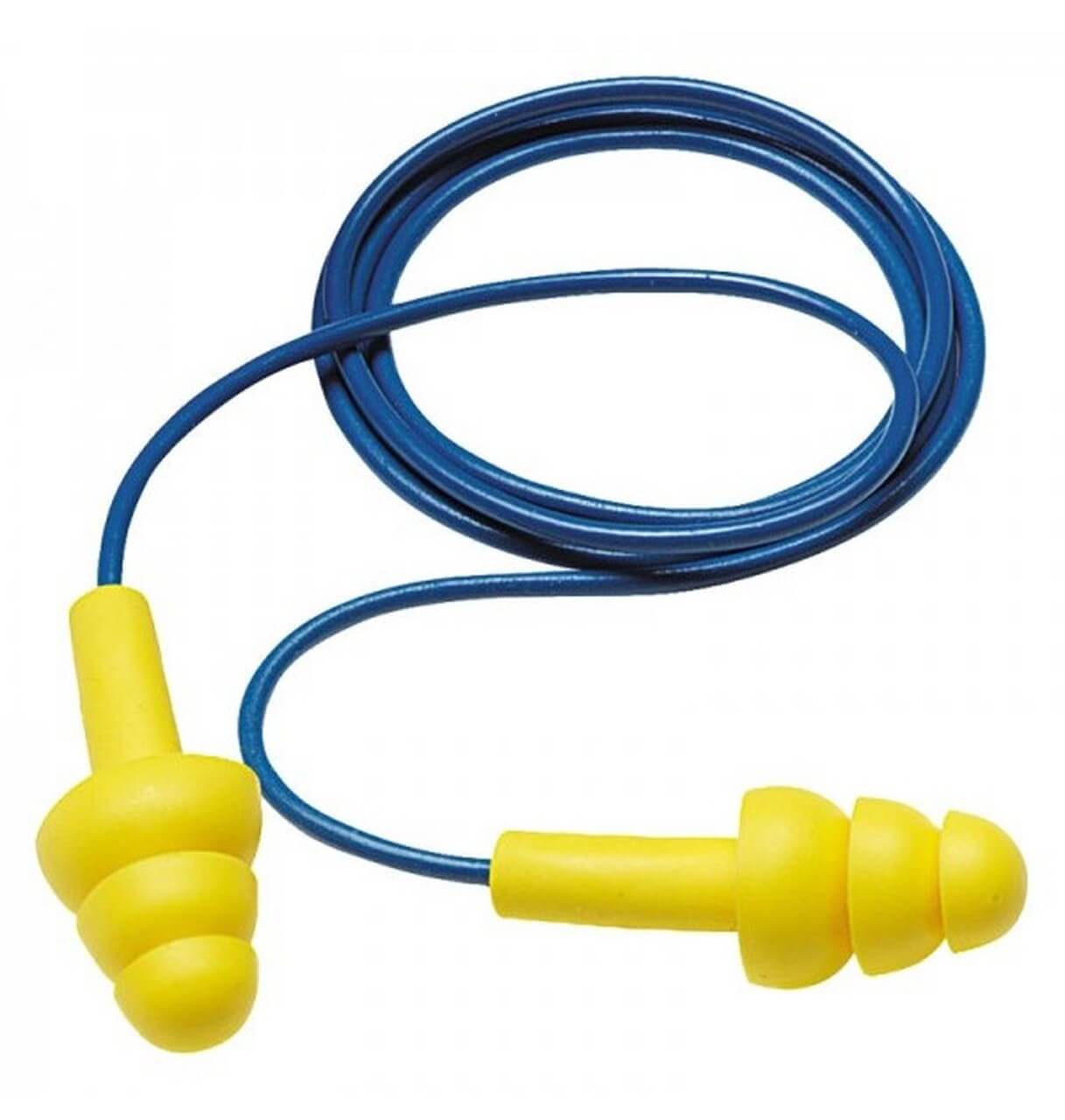 yellow premolded earplug attached by cord