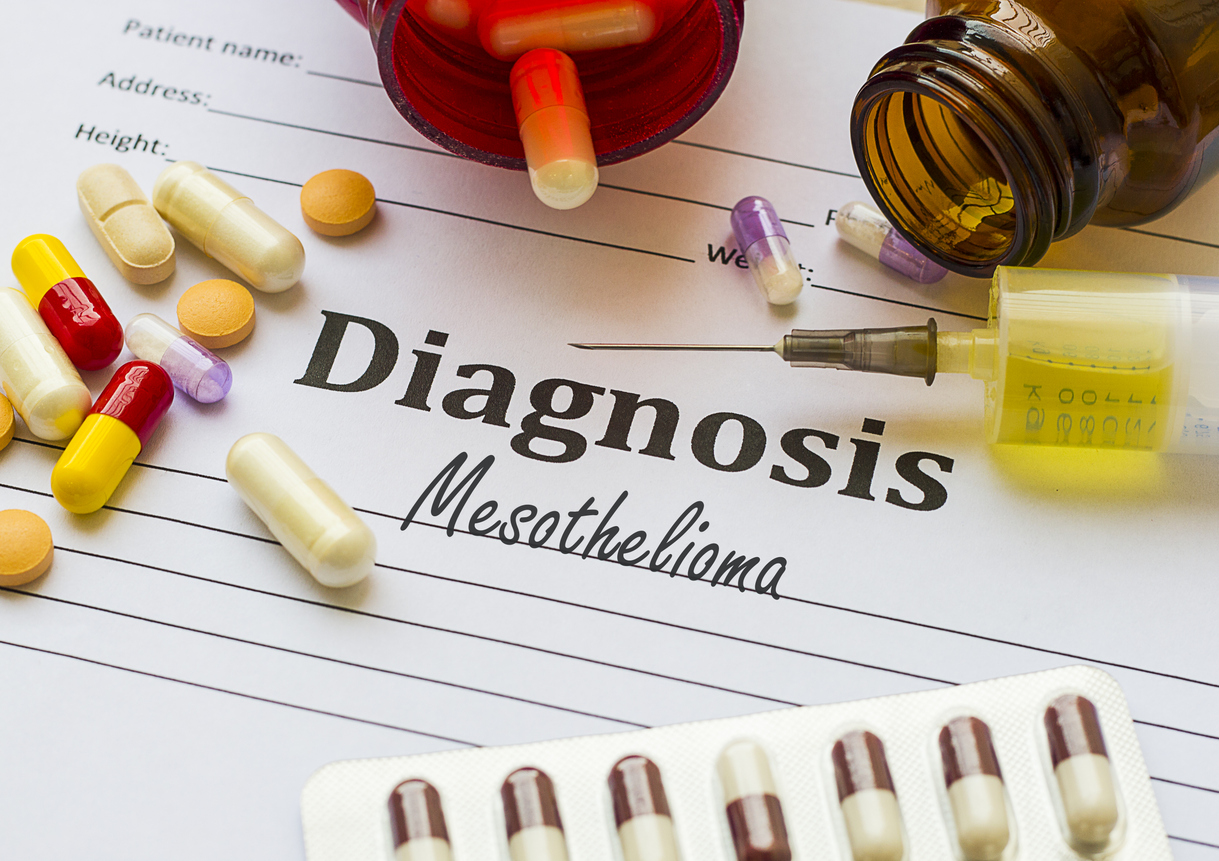 Mesothelioma - Diagnosis printed on white paper with medication, injection, syringe and pills